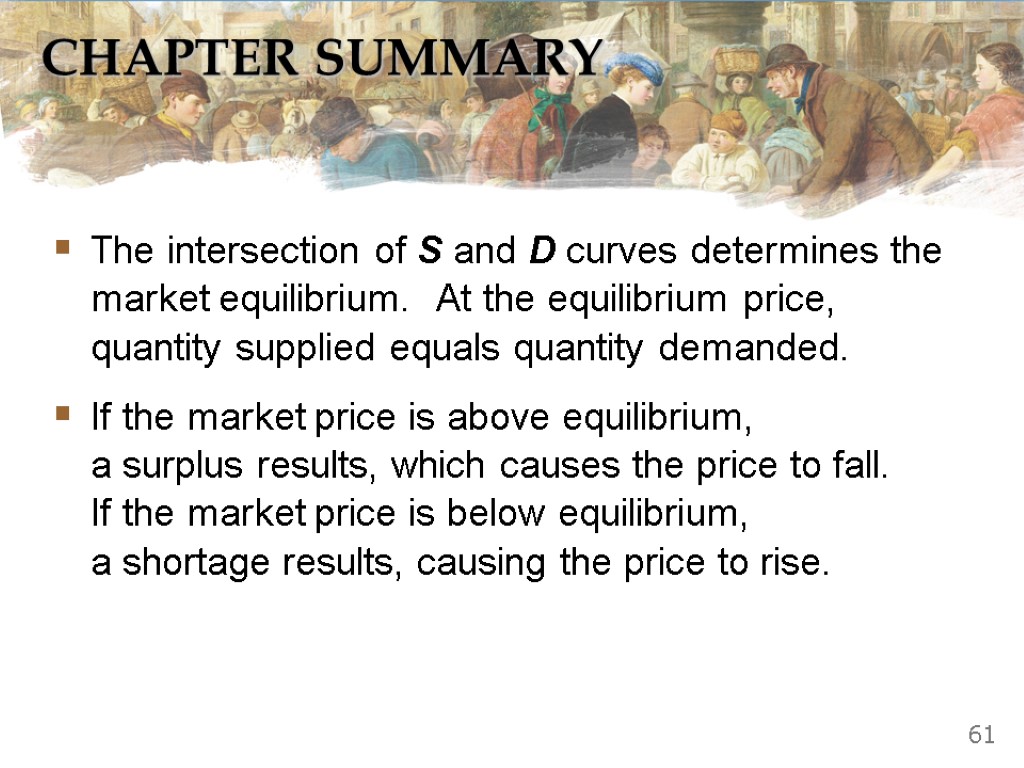 CHAPTER SUMMARY The intersection of S and D curves determines the market equilibrium. At